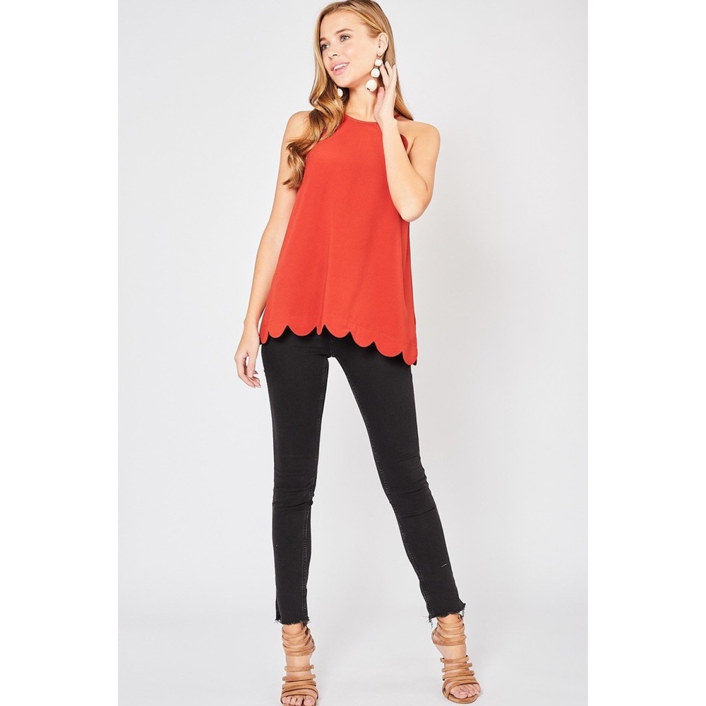 High Neck Scalloped Trim Sleeveless Top